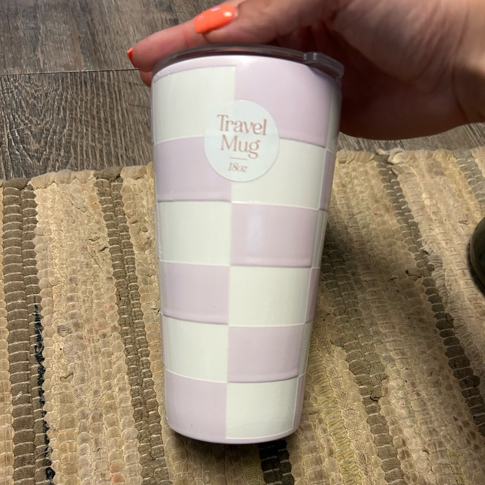 Travel Mug 18oz Pink and Cream Checkered Tumbler